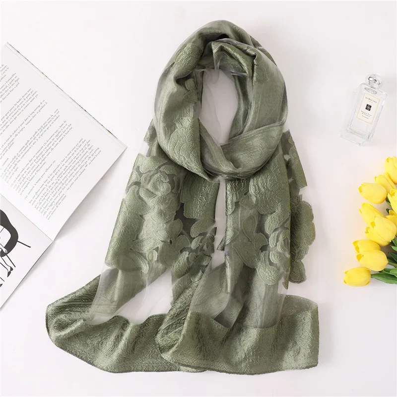 Одноцветный женский шарф, летние шелковые шарфы для женщин, шали и палантины из органзы, выдолбленные цветы, пляжные палантины, бандана, платок