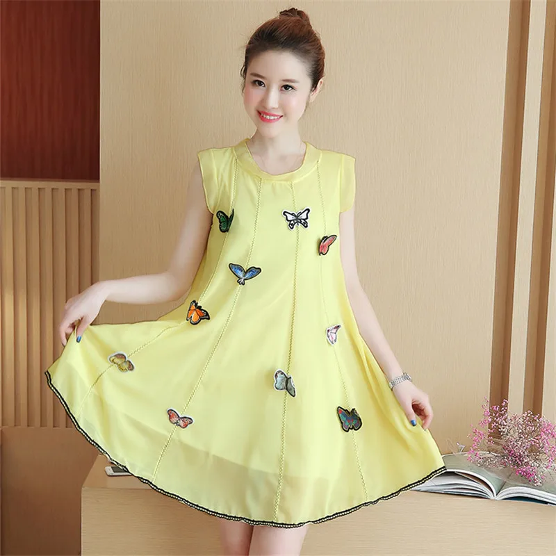 MLXSLKY Maternity Dress 2019 summer new fashion large size loose chiffon sleeveless sweet cartoon butterfly pregnant women dress | Мать и