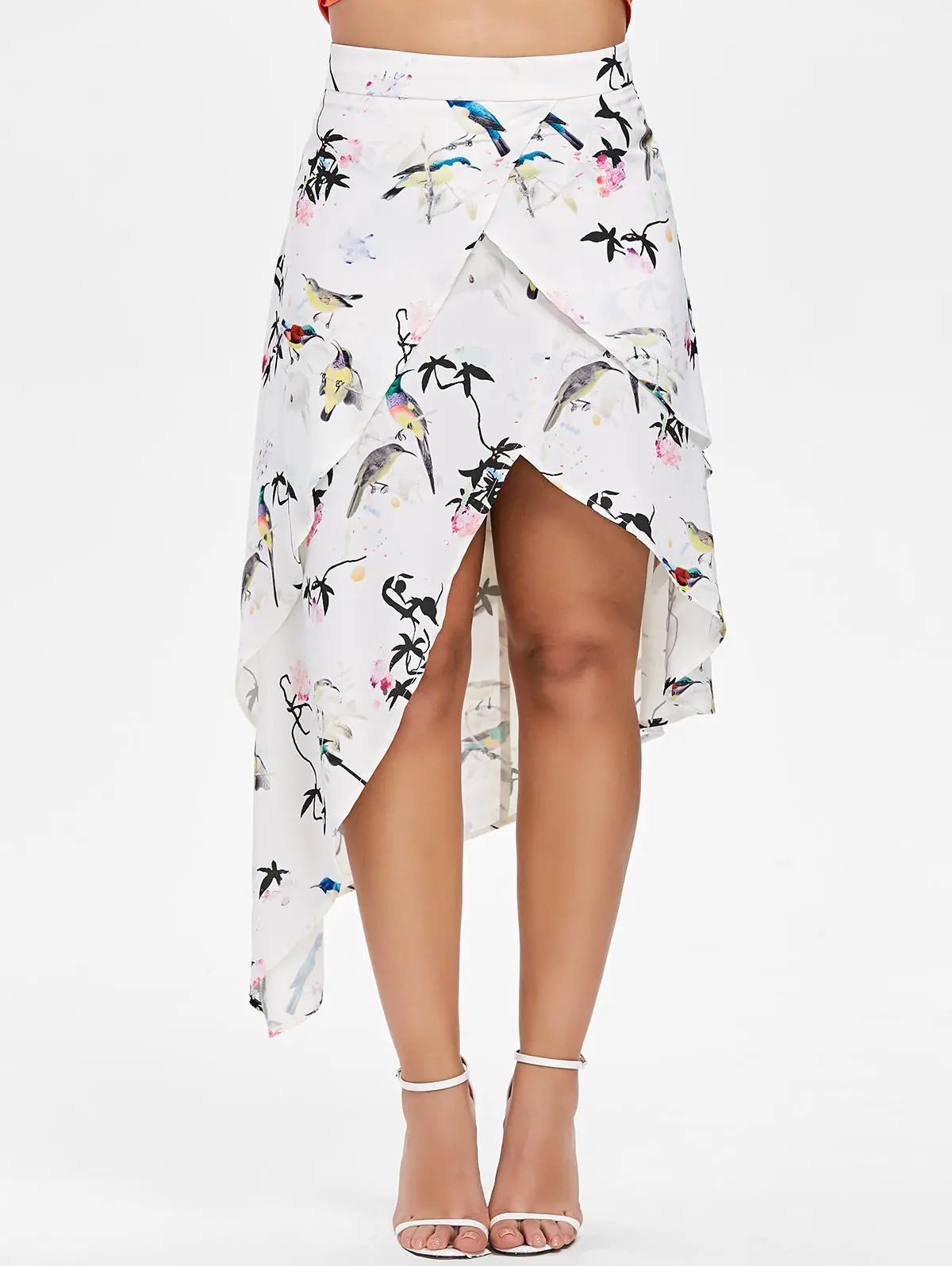 Joineles Birds Print Tiered Asymmetric Midi Skirt Boho Summer Floral Print Women Skirts Ruffles Bohemian Tutu Cake Layer Skirts