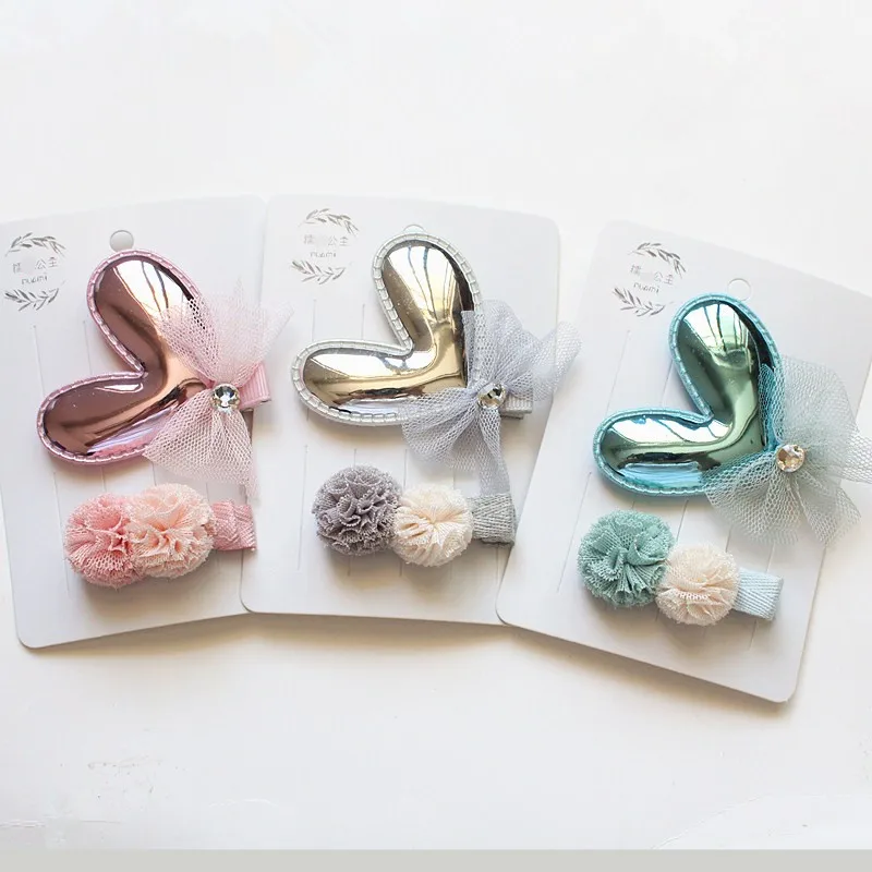 8sets/lot Lovely Hair Shinning Heart Clip Cute Kid Gauze Roll Double Pom Hairpin PU Leather 16pcs for Head |