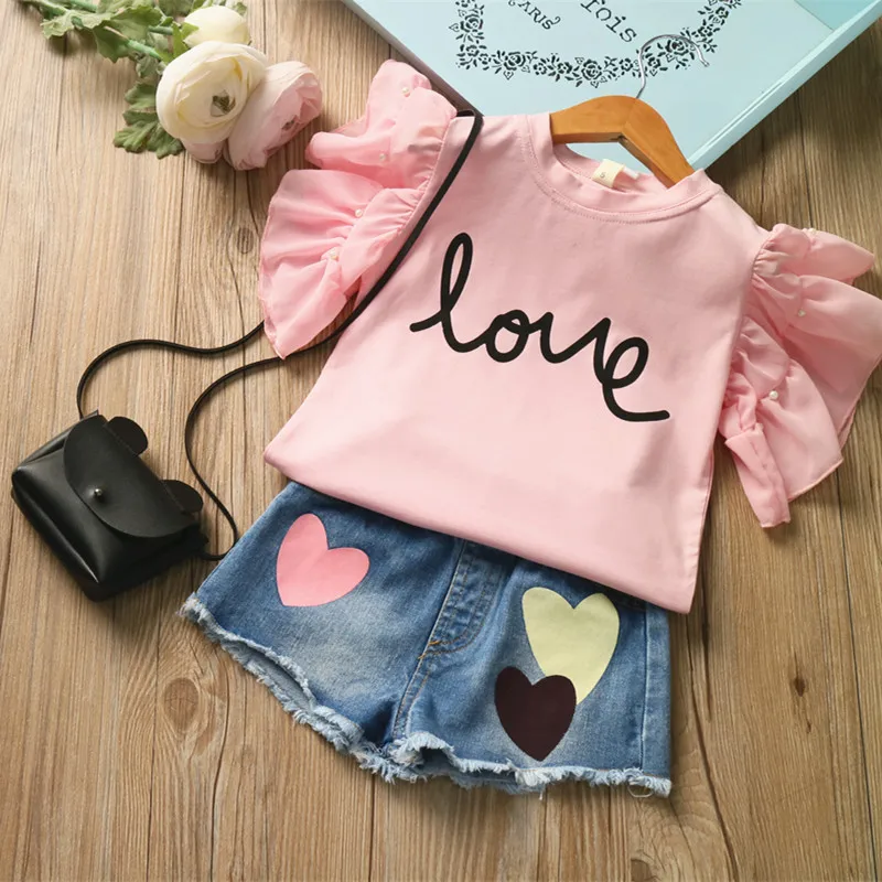 2019 girls summer suit pearl fly sleeve LOVE letters T-shirt + love heart denim shorts suit 2pc Suit Children Clothing Outfit