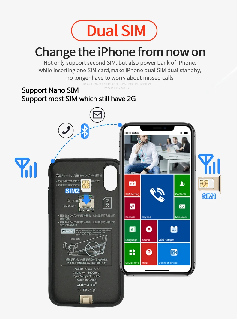 Для iPhone X/XS Dual SIM двойной режим ожидания Bluetooth адаптер резиновая рама долгое время ожидания 7 дней с 2500 мАч power Bank