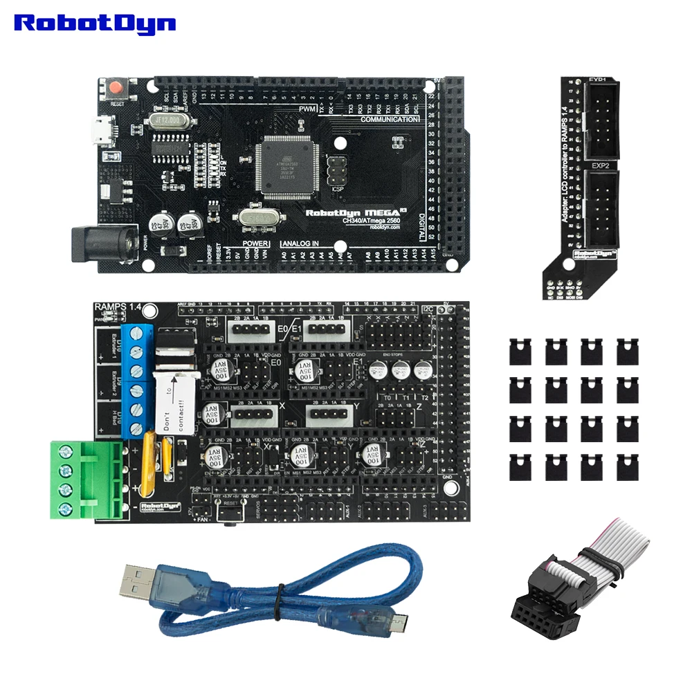 Основной комплект для 3D принтера и ЧПУ. MEGA 2560 R3 + RAMPS 1 4 адаптер кабель MicroUSB (50 см)