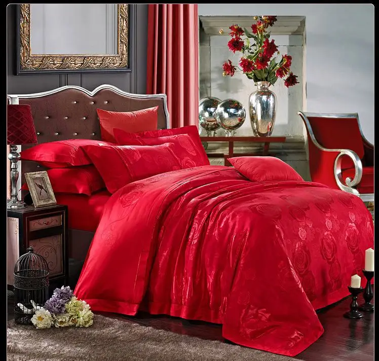 Red Jacquard Wedding Bedclothes Bed Set 4pcs Silk/Cotton Bedding Embroidered Satin Duvet Cover Sheet Cotton Queen King | Дом и сад