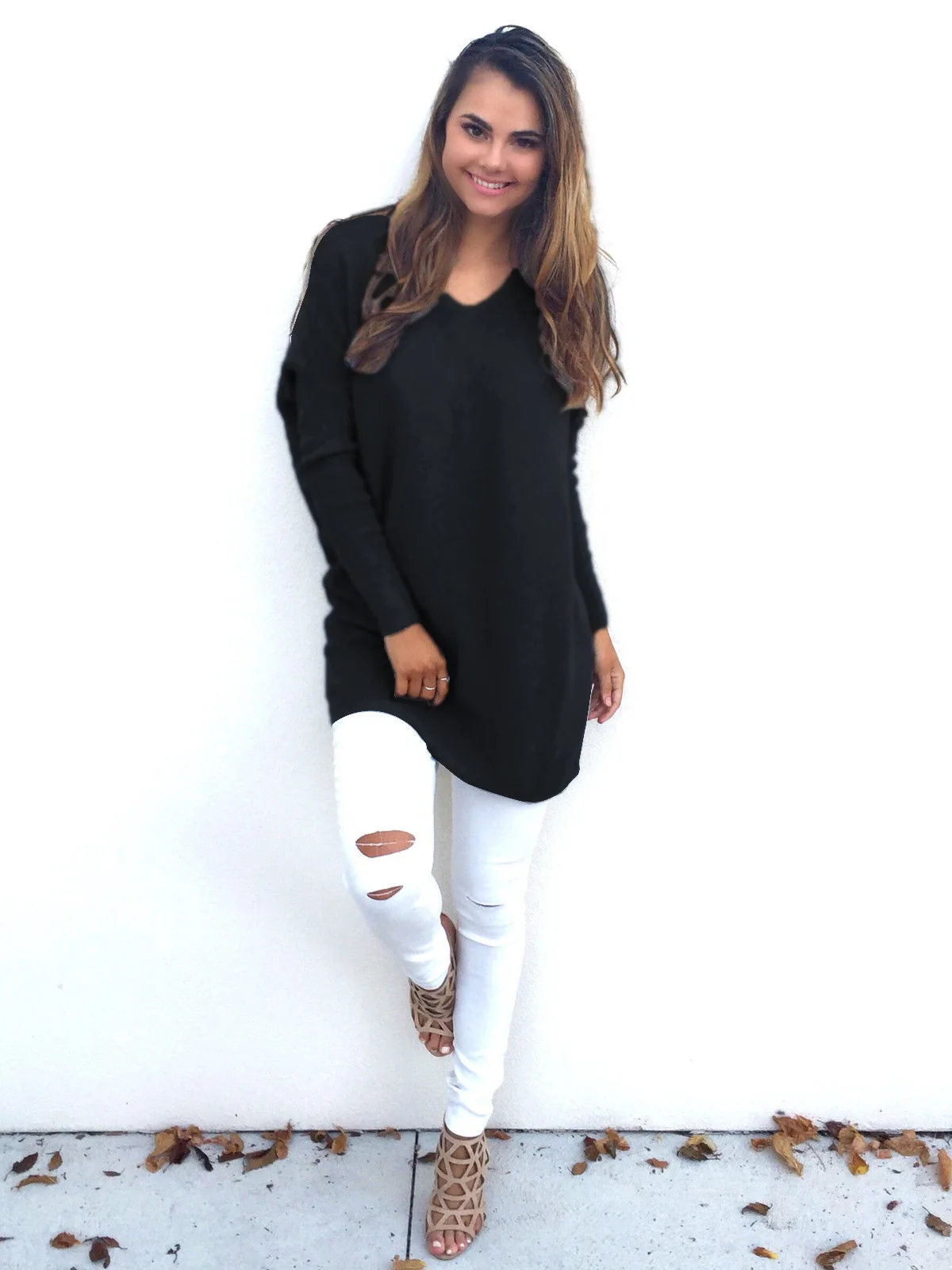 Sweater women 2019 new solid color v-neck long spring and autumn casual loose fashion long-sleeved women's sweater OYM0174 | Женская