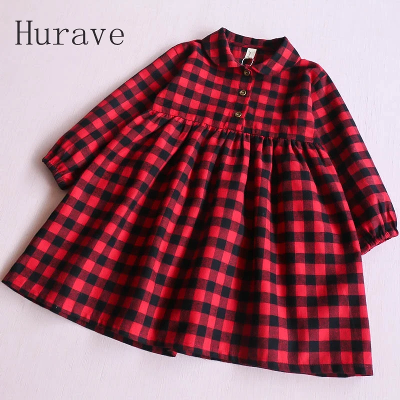 Hurave new design girl dress children peter pan collar plaid clothing kids dresses for toddler infant autumn | Детская одежда и