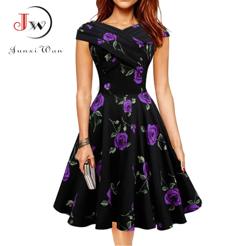 Женское винтажное платье ретро в стиле рокабилли белое с цветочным принтом