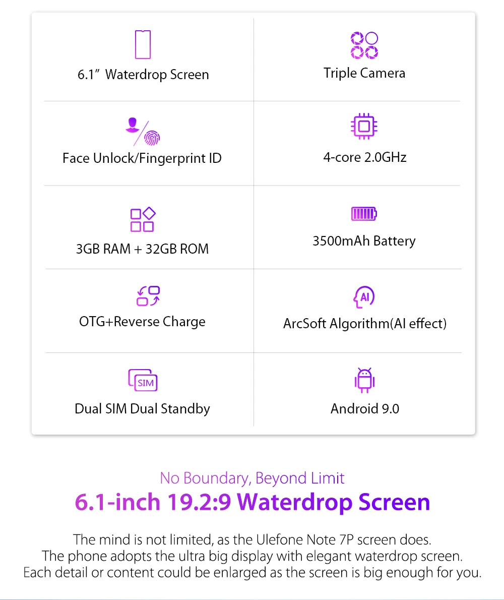 Смартфон Ulefone Note 7P Android 9,0 четырехъядерный 3500 мАч 6,1 дюймовый экран капли воды 3 ГБ+ 32 Гб мобильный телефон разблокировка лица