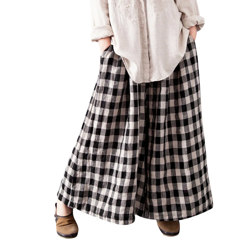 Женские хлопковые клетчатые длинные брюки Boho свободные с эластичной талией и