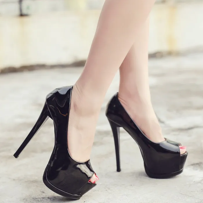 2019 sexy fine hate sky high nightclub fish mouth women's shoes 15cm heel waterproof platform patent leather | Обувь