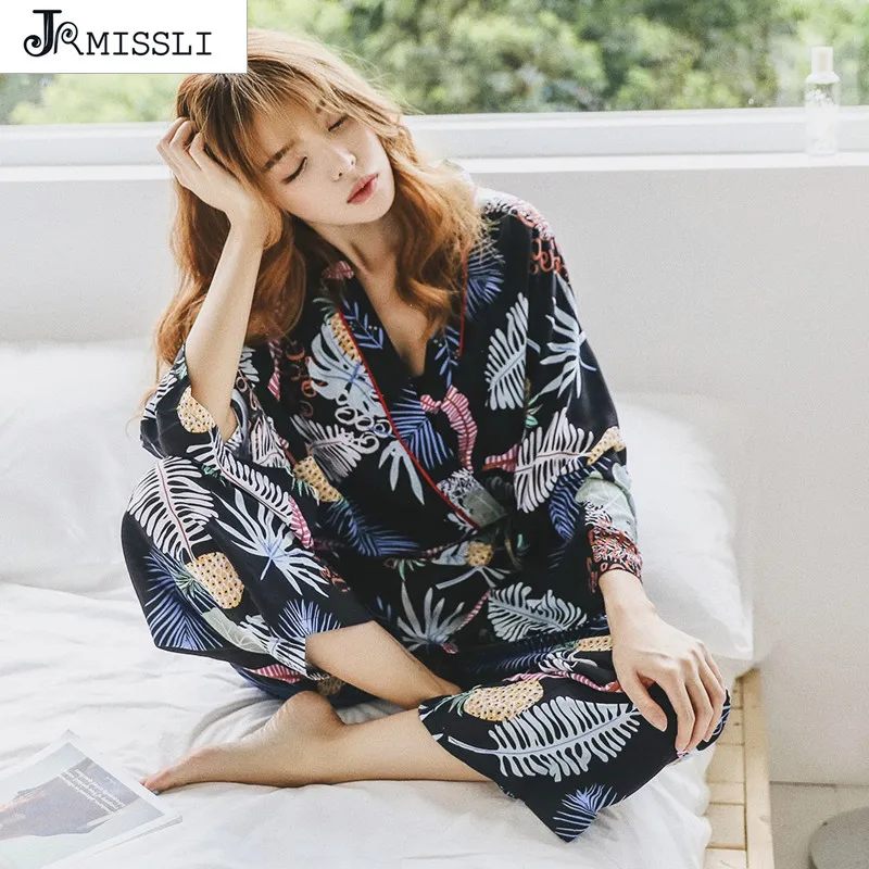 JRMISSLI для женщин пижамы Пижамный костюм цветочный принт белье Pijama осень зима Femme |