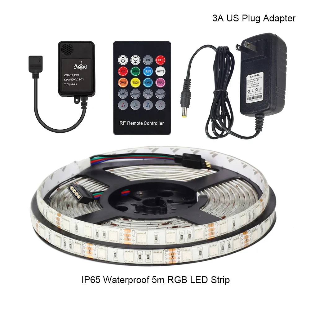 RGB Светодиодные ленты 5050 Светодиодные ленты Водонепроницаемый IP20/IP65 5 м/roll+ 20 клавиши музыка РФ контроллер+ DC12V 3A 36 Вт EU/US Plug Мощность адаптер - Испускаемый цвет: IP65 US 4PCS SET