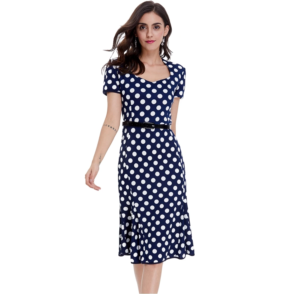 FD3561 Lady's Polka Dot Print Mermaid Tail Pencil Dress Vestidos Robe Short Puff Sleeve Slim Waist with Belt Retro Midi Dresses | Женская