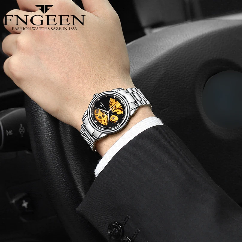 

FNGEEN Men Automatic Mechanical Watch Fashion Casual Mens Watches Top Brand Luxury Full Steel Business Skeleton Watch Male Clock