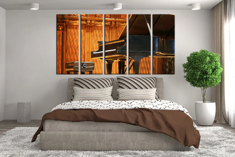 5 Piece Multi Panel Art Orange Photo Canvas Grand Piano Large Pictures Music Photography Musical Instrument Wall | Дом и сад