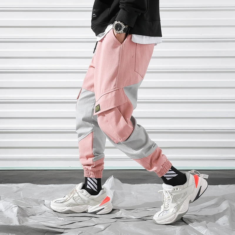 New Cargo Harem Pink Pants Mens Casual Joggers Baggy Trousers Harajuku Streetwear Hip Hop Pants Men Fashionable Sweatpants