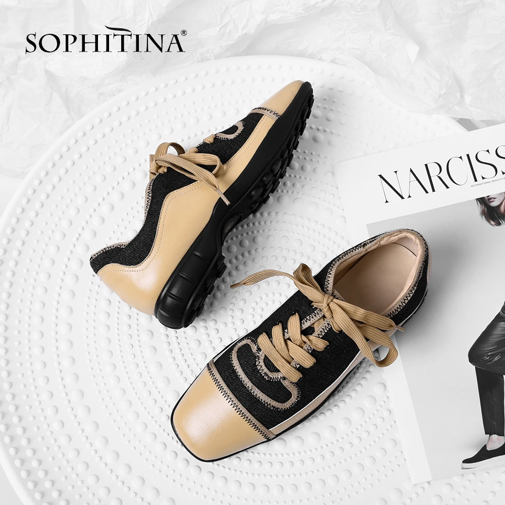 Кроссовки женские из натуральной кожи на шнуровке с квадратным носком|Обувь без