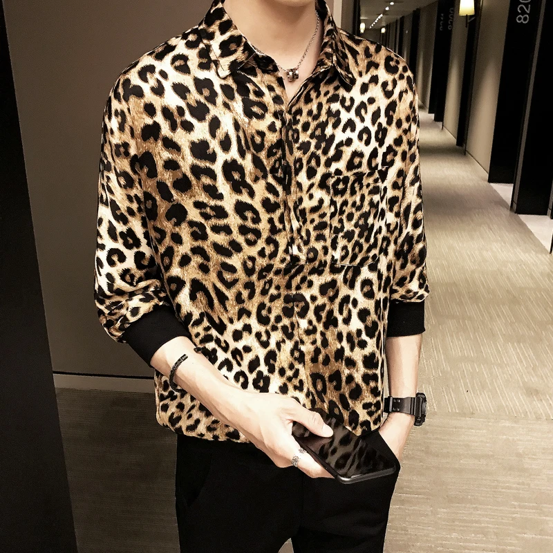 Качественная Сексуальная рубашка с леопардовым принтом мужские летние
