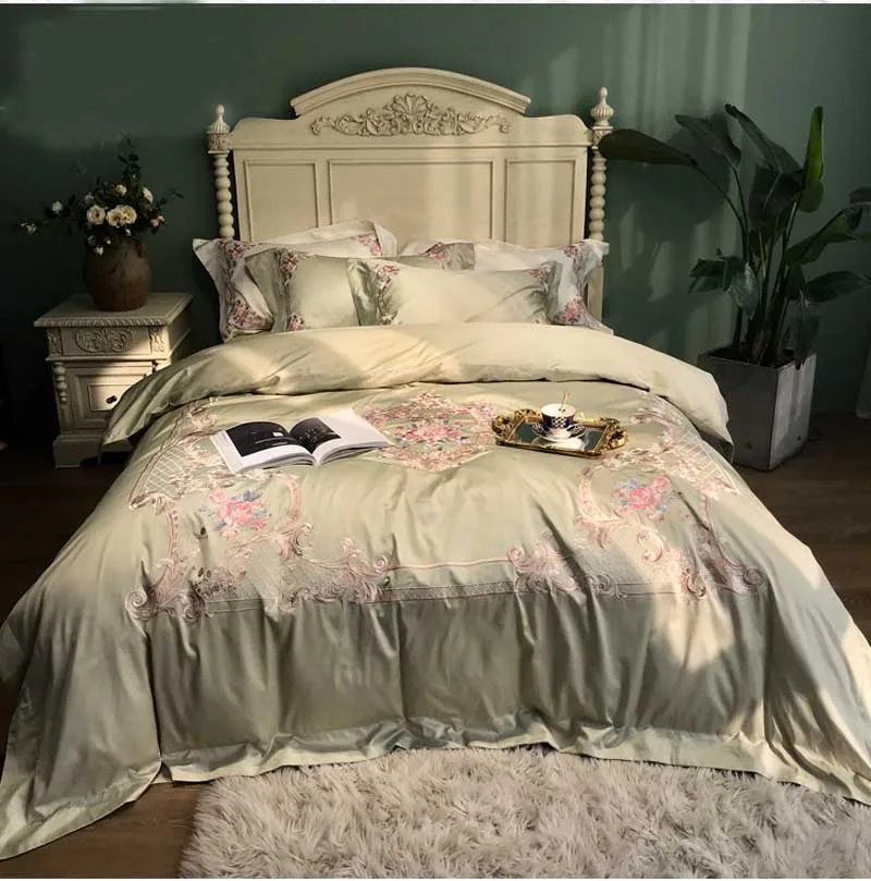 

luxury Embroidered 120S Egyptian cotton Royal Bedding sets Queen King Wedding Duvet cover Bed sheet set Pillowcases Green 4pcs