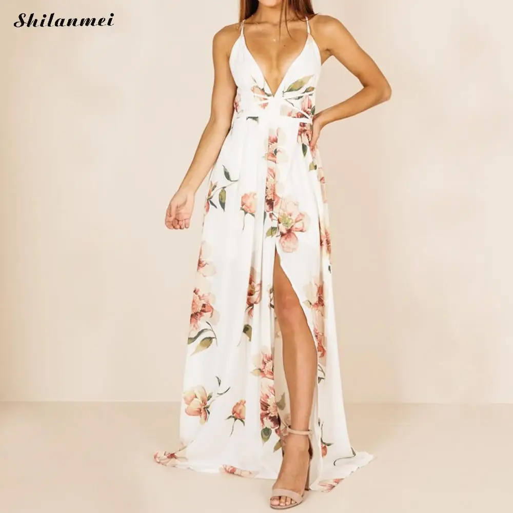 Женское шифоновое длинное платье с цветочным принтом Boho на тонких бретельках