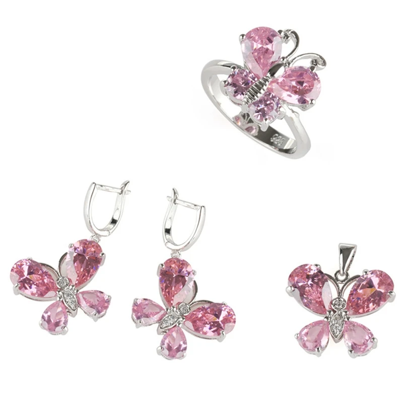 SHUNXUNZE Pink Cubic Zirconia Wedding jewelry sets for Noble Generous women luxury (ring/earring/pendant) Rhodium Plated R519set | Украшения