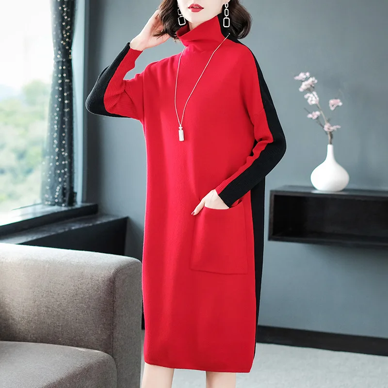 

Women's Loose Knitted Stand Collar Dress Autumn and Winter Needed