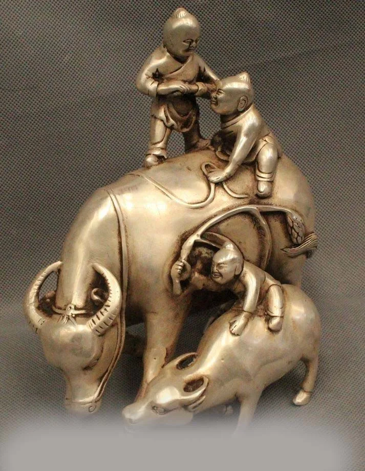 8&quot Lovely Chinese China Silver Cowboy Vaquero Children Kids Ride Bull Ox Statue | Дом и сад