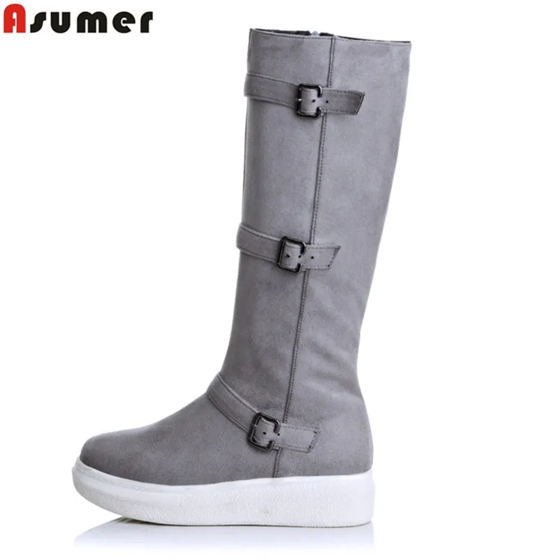 ASUMER/новые сапоги до колена на плоской подошве с круглым носком платформе осенне