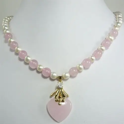 

trendy mixed white pearl pink Natural JADE necklace +heart pendant