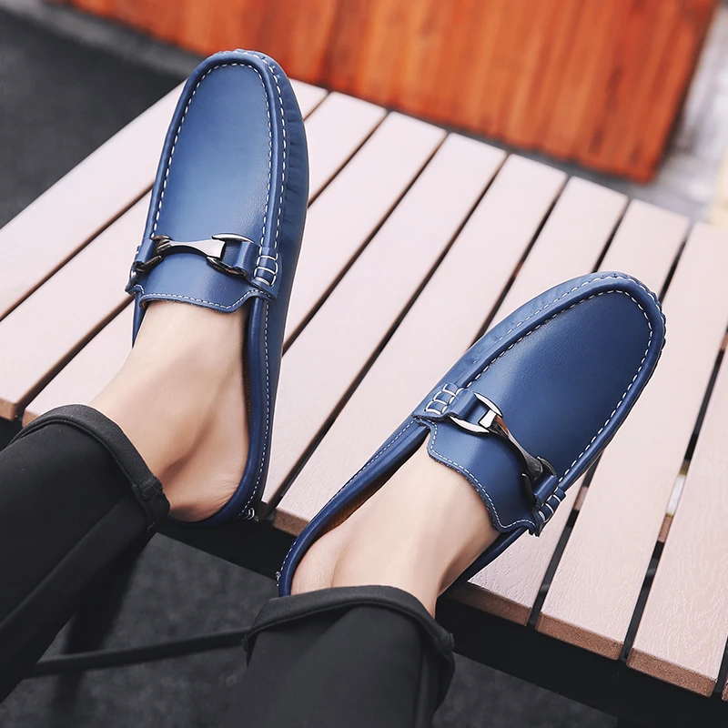 New Summer Men Flats Mules Slip on Genuine Leather Slides Shoes Man Soft Leather Casual Slipper