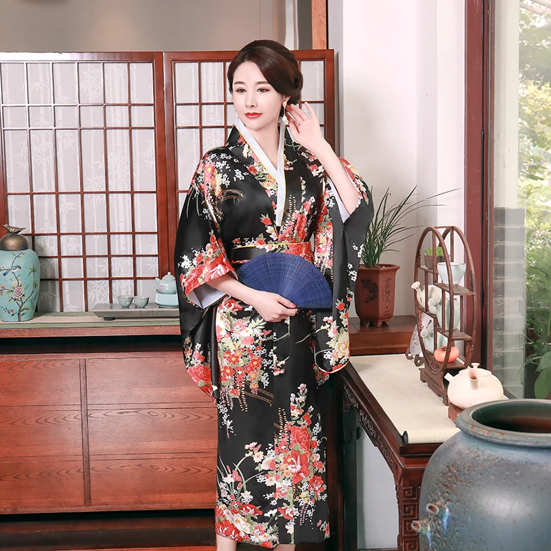 

Loose Dress Japanese Style Print Yukata With Obi Black Stage Performance Clothing Sexy Women Satin Kimono Bathrobe Gown