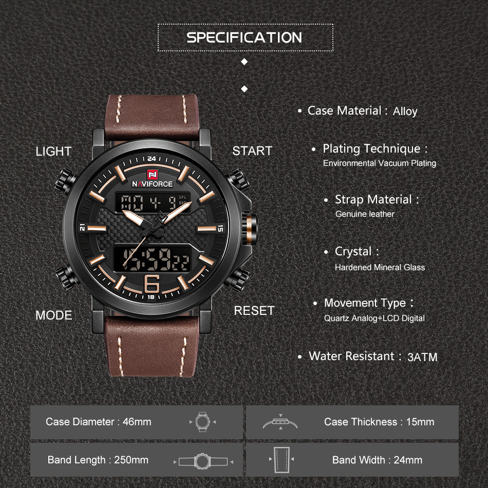 NAVIFORCE Новые мужские модные спортивные часы, мужские кожаные водонепроницаемые кварцевые часы, мужские Аналоговые часы с датой, светодиодный