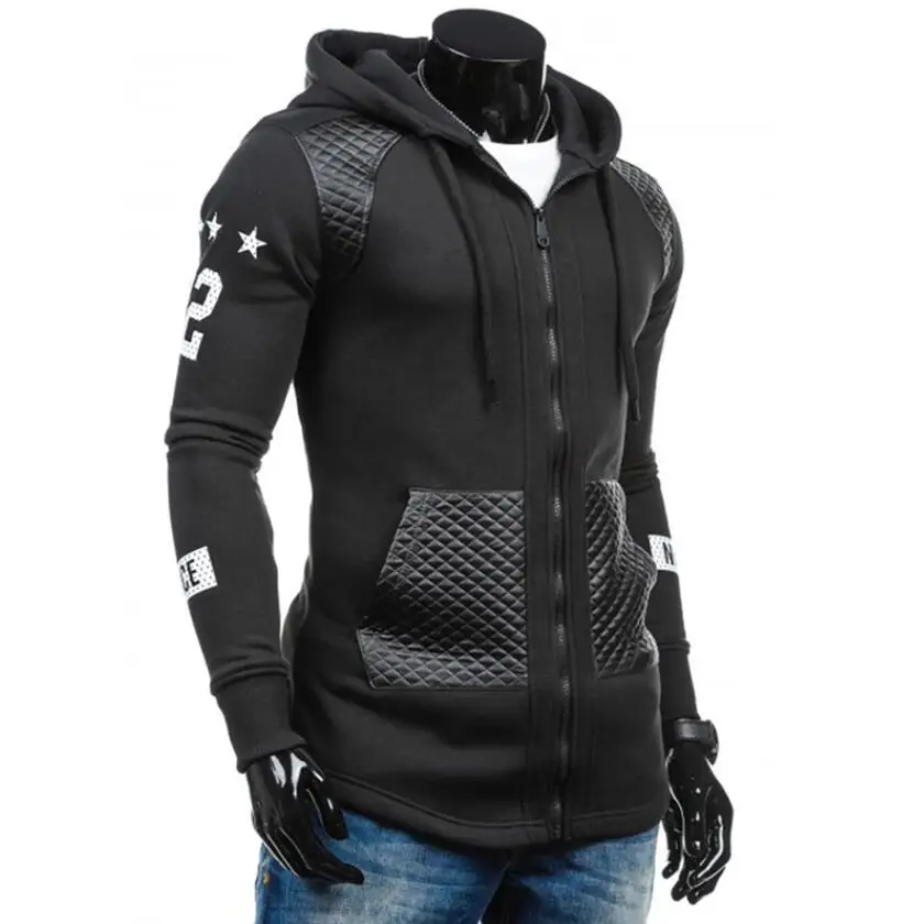 Men Hoodies Long Sleeve Sweatshirts 2019 Brand Fashion Casual Zipper Jacket Patch Leather Plus Size Streetwear Slim Fit Coat | Мужская