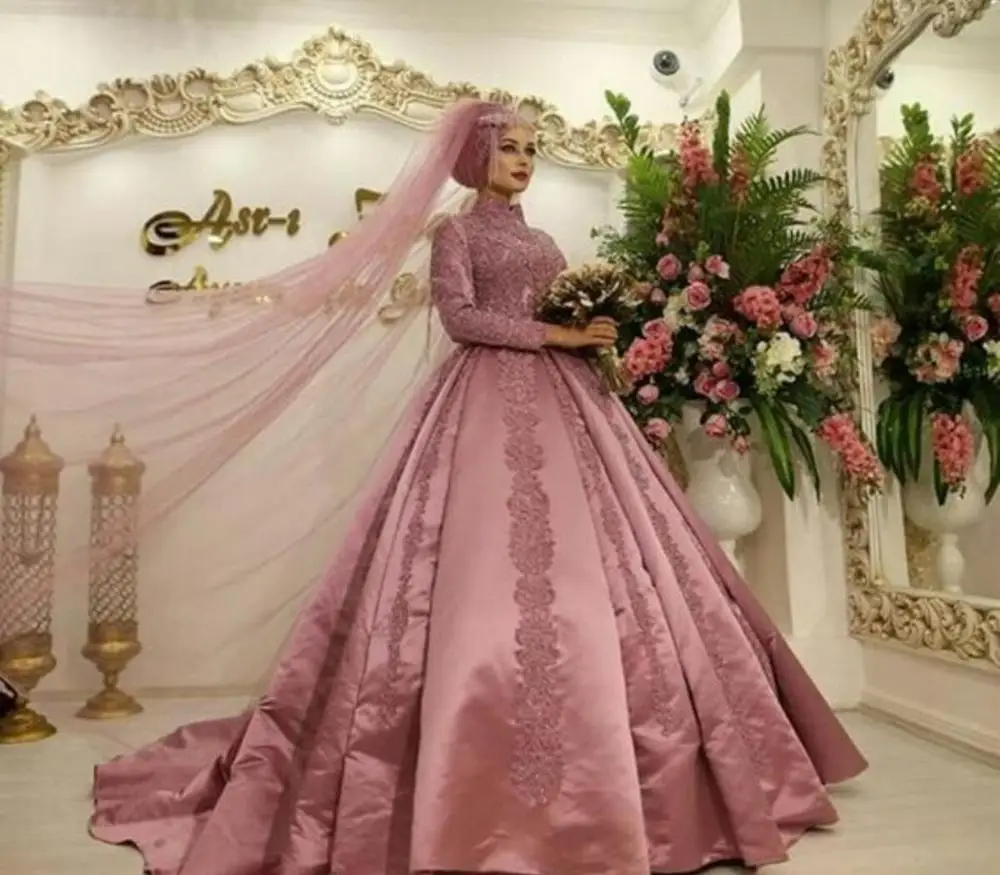 as picture Пыли розовый Исламской мусульманские арабские свадебное платье с одежда с длинным рукавом с высокой горловиной бальное платье Дубай Арабский Кафтан Свадебные платья атласные - Цвет: as picture