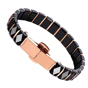 Rose Gold Black Браслет из розового золота с керамическим покрытием, полностью германиевый браслет для женщин, браслет из нержавеющей стали и браслеты с застежкой для часов - Окраска металла: Rose Gold Black