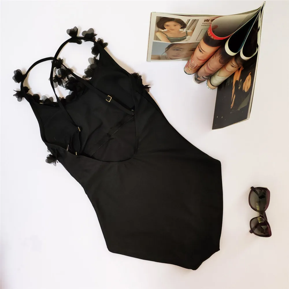 Женский купальник с открытой спиной черный однотонный пляжная одежда бандаж