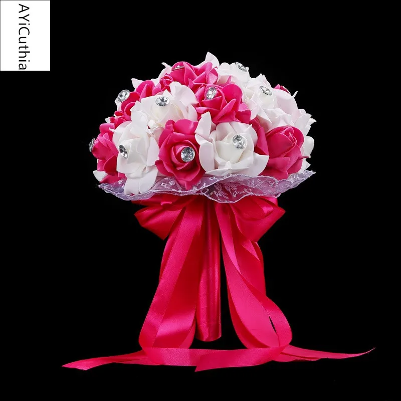 Rose Red AYiCuthia Свадебный букет для свадьбы голубой и белый свадебный букет ручной работы Искусственный цветок розы buque casamento s133 - Цвет: Rose Red