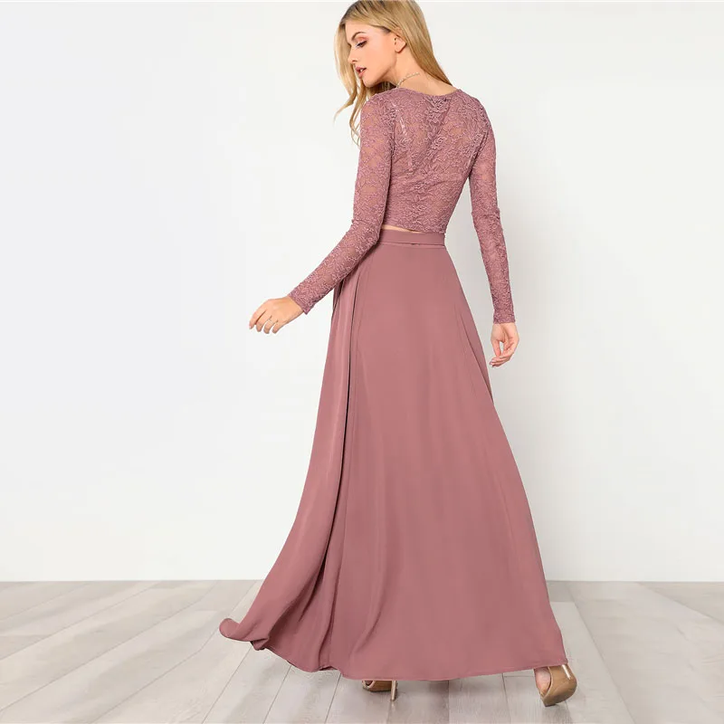 SHEIN Модный Кружевной Топ И Модная Юбка Комплект Женский Розовый Романтичный Топ С Длинными Рукавами И Длинной Юбкой С Поясом