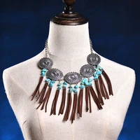 bohemian fringe necklace women boho vintage silver neck dramatic suede long tassel chain resin real stone chips ethnic necklace