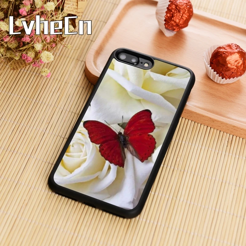 LvheCn красная бабочка на белых розах чехол для телефона iPhone 5 6 6s 7 8 plus 11 pro X XR XS max samsung