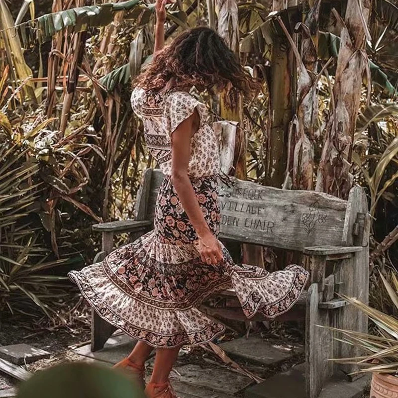 TEELYNN boho юбка коричневая вискоза цветочный принт летняя юбка шнурок талии трапециевидной формы Пляжная одежда Повседневная хиппи длинные юбки falda