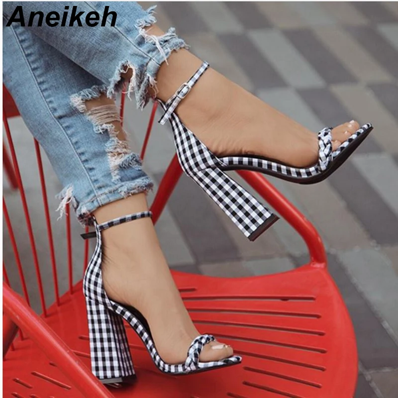 

Aneikeh Fashion PU Women Heeled Sandals Bandage Ankle Strap Pumps Super High Heels Peep Toe Dress Lady Shoes Size 35-42 Black