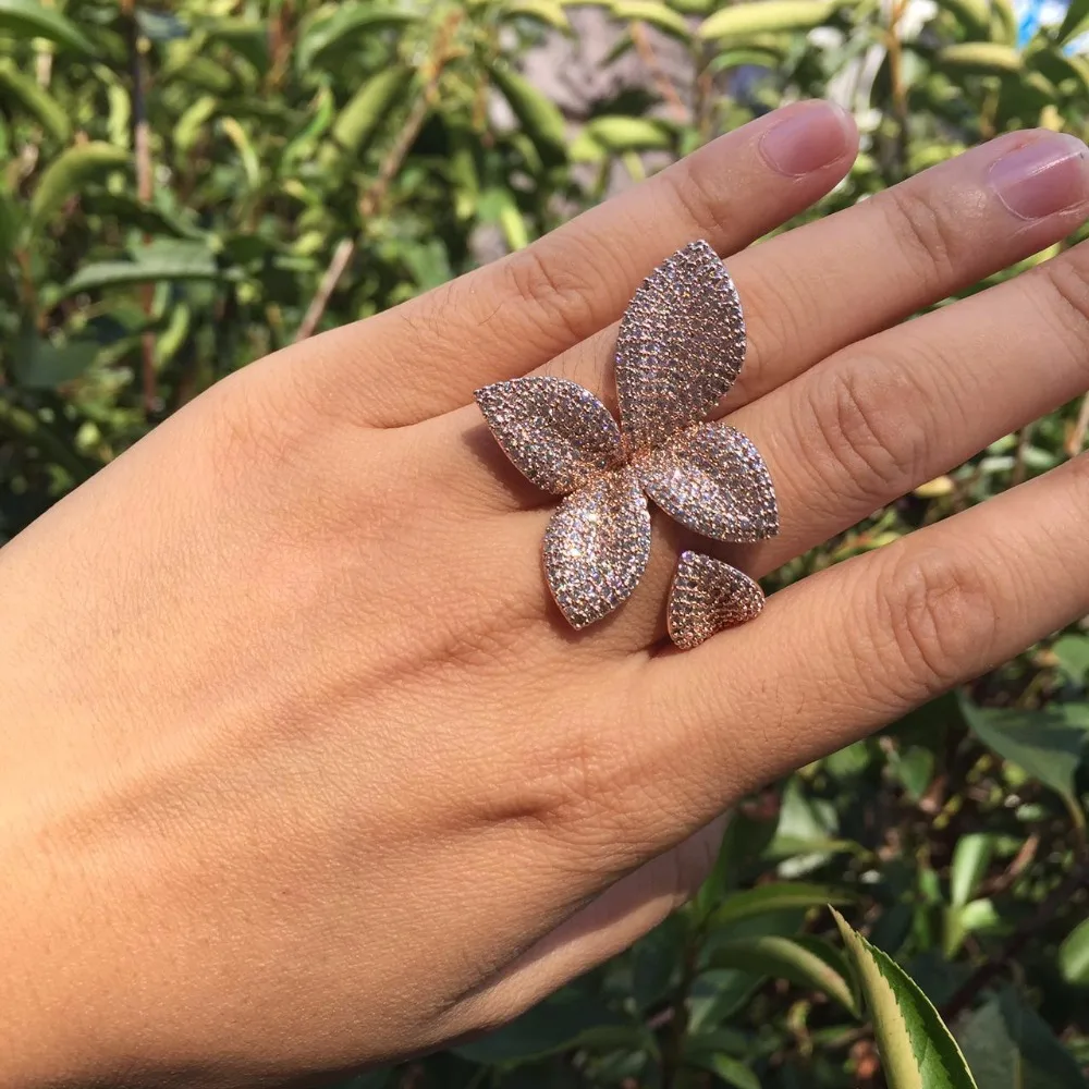 Кольца в виде большого листа для женщин Cz Pave Setting элегантный уникальный дизайн цветок розы Открытый регулируемый любовь модные вечерние аксессуары для пальцев