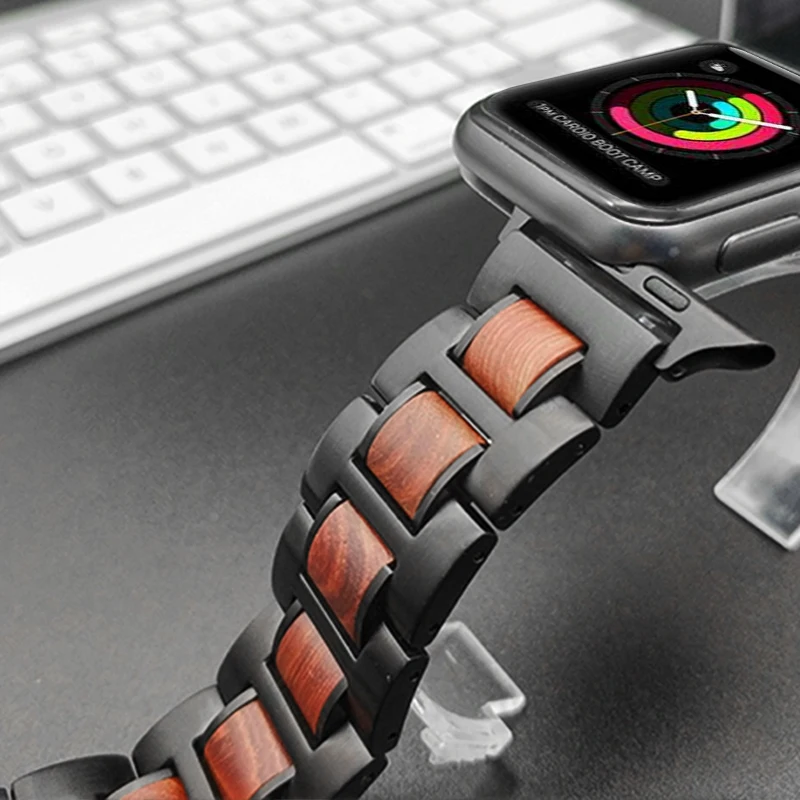 Ремешок из натурального дерева и металла для Apple Watch Series 1 2 3 4 38 мм 42 40 44 мм|Ремешки