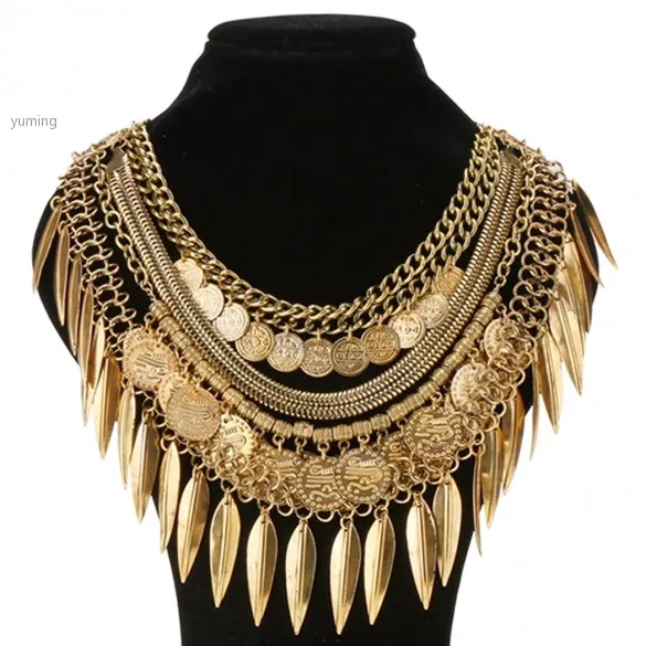 Hot Sell Vintage Necklaces Ethnic Jewelry Carving Flower Letter Round Gold/Silver Coin tassels Choker necklaces 36 | Украшения и