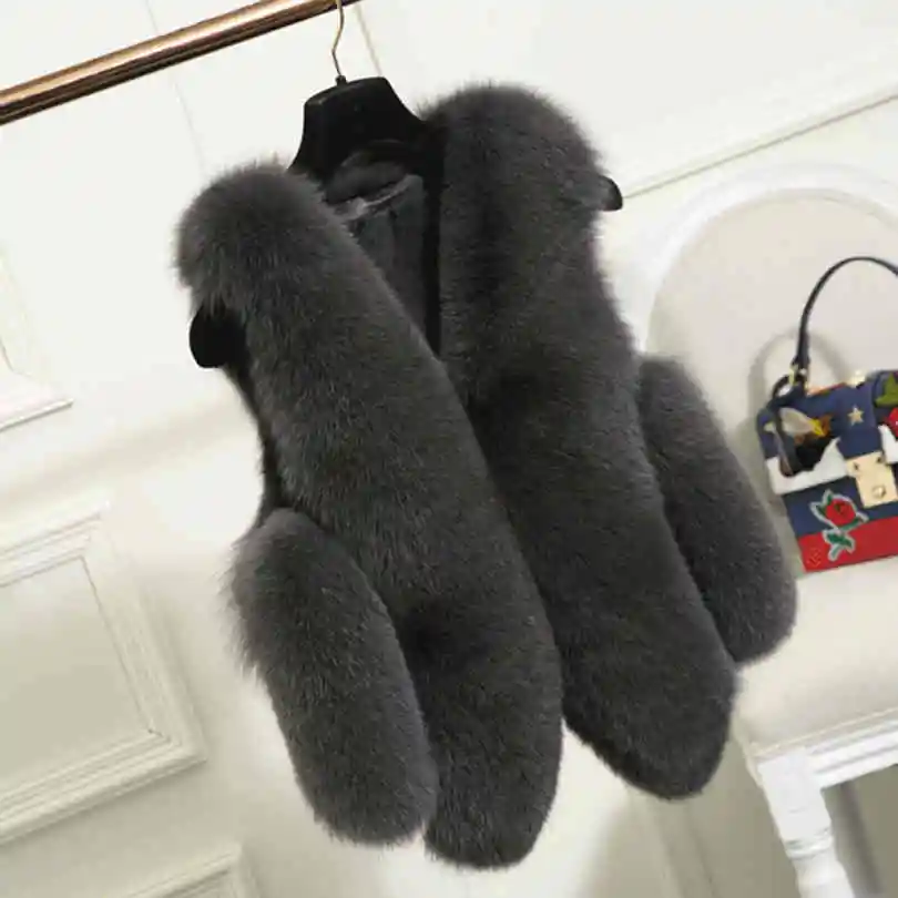 dark grey Зимний женский жилет из искусственного меха, однотонное пальто без рукавов в Вертикальную Полоску, короткий женский зимний жилет из искусственного лисьего меха - Цвет: dark grey