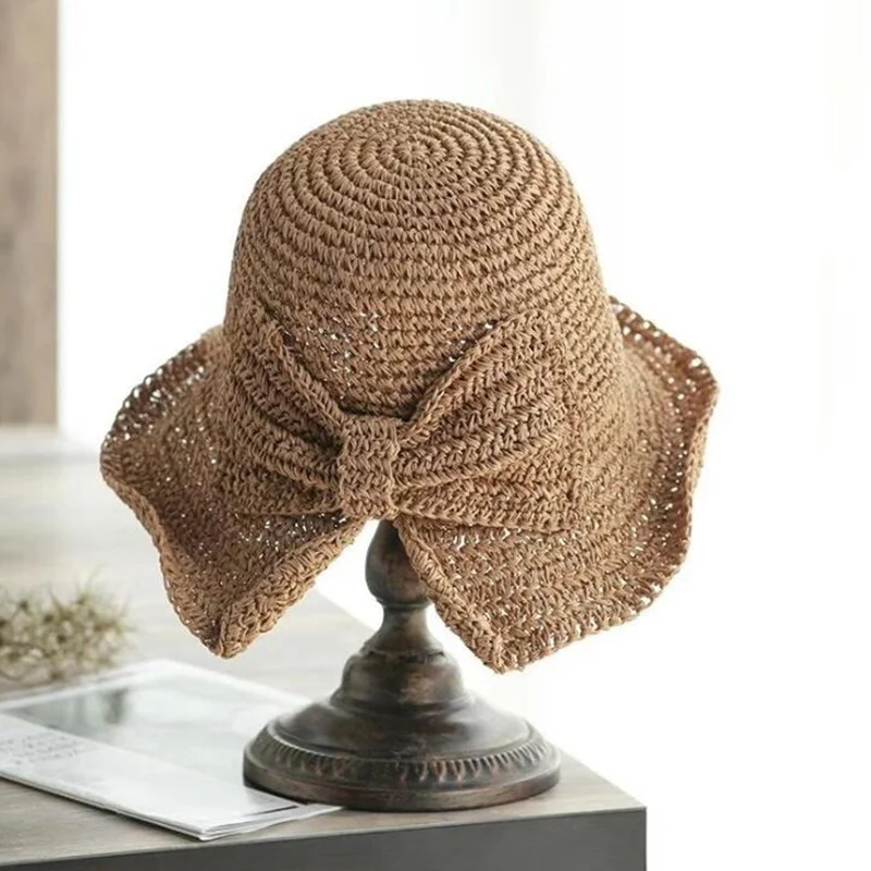 Floppy Summer Big Brim Hats For Women Beach Panama Straw Dome Bow Bucket Hat Female Gorras Solid Colors H3 - Цвет: light coffee