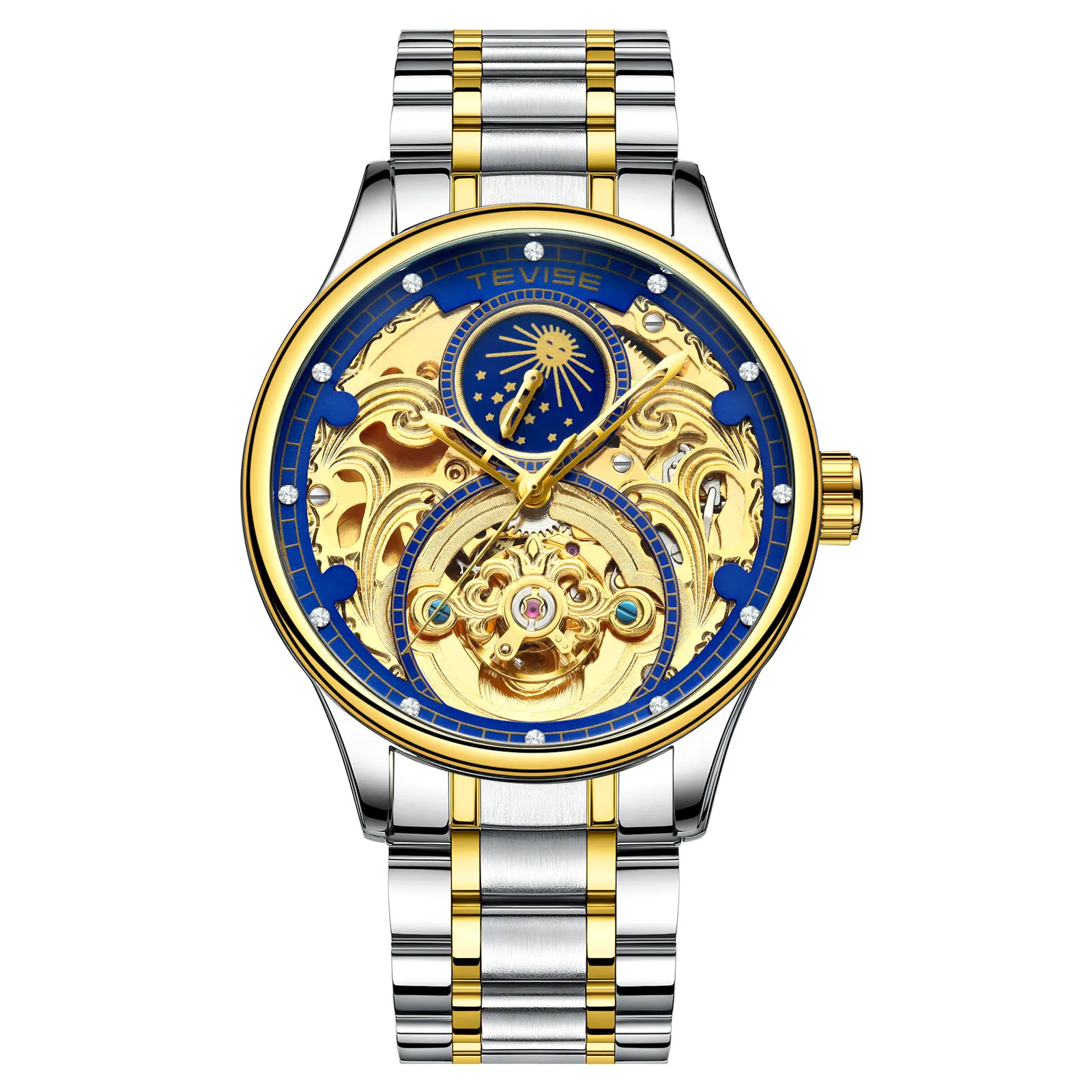 steel gold blue Tevise, автоматические часы для мужчин, механические часы, полый скелет, с автоматическим заводом, мужские роскошные Брендовые спортивные наручные часы, Relogio Masculino - Цвет: steel gold blue