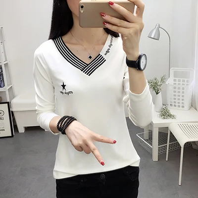 Shintimes Blusas Mujer De Moda осенние повседневные женские топы и блузки с вышивкой, блуза с длинным рукавом и v-образным вырезом, женская одежда - Цвет: White t shirt