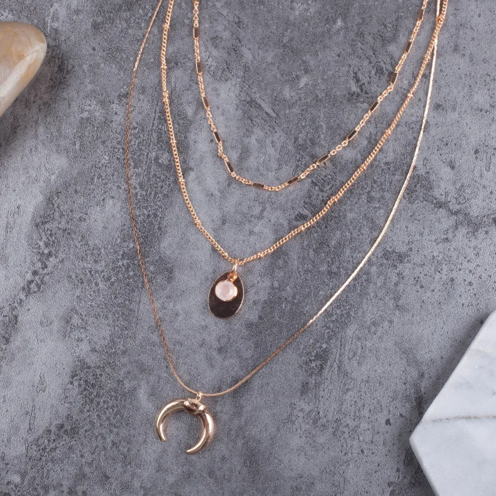 Цвета розового золота 3 шт./компл. многослойное колье Цепочки и ожерелья рог кулон